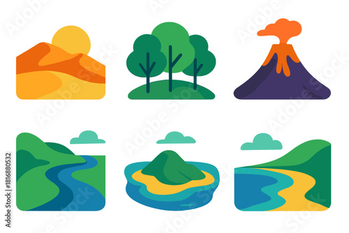 Minimalist Earth Landscapes. Earth Landscapes flat icon set: desert dune, forest tree cluster, river bend, island outline, volcano, canyon ridge, hill, shoreline
