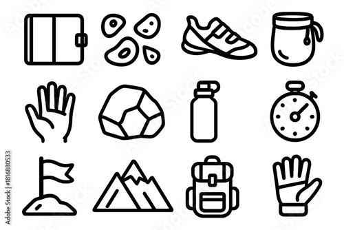 Bouldering Essentials Icons. Bouldering Icons linear icon set. crash pad, climbing holds, shoes, chalk bag, hand, rock, water bottle, timer, flag, mountain, backpack, glove