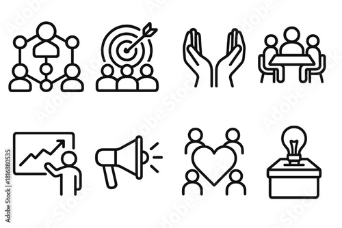 Social Collaboration Icons. Social Collaboration Set linear icon set: people network, shared goals, helping hands, group meeting, engagement graph, outreach megaphone, unity heart