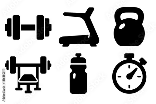 Brutalist Gym Icons. Gym Fitness silhouette icon set. dumbbells, treadmill, kettlebell, bench press, water bottle, stopwatch.