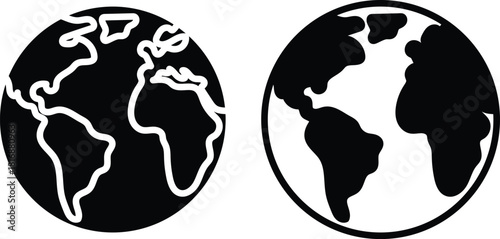 Planet Earth one with white continents on a black background and the other with black continents on white symbol silhouette vector