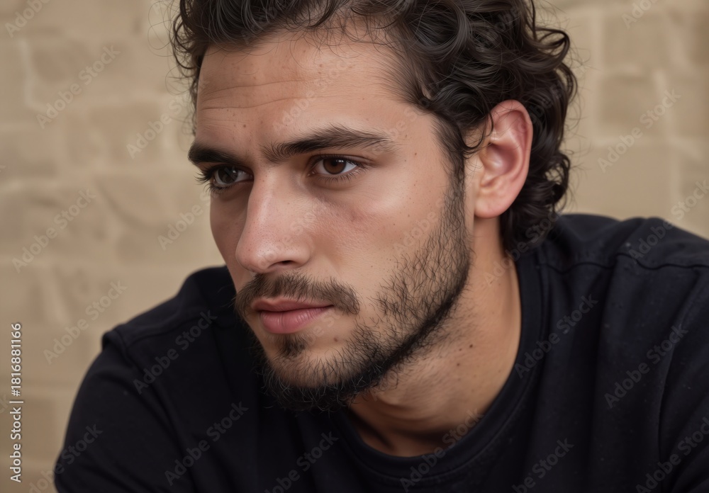 Fototapeta premium handsome young man with beard looking intensely at the camera in a casual portrait.