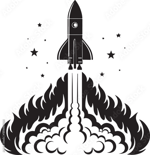 Rocket launching with fiery exhaust and stars Keywords: rocket, launch, spaceship, space, stars, fire, exhaust, smoke, explosion, blast off, ignition, propulsion, futuristic, science fiction