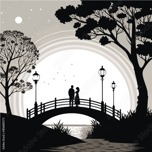 Romantic couple silhouetted on a bridge under a crescent moon and stylized sun Keywords: couple, bridge, park, night, moon, sun, trees, silhouette, romance, love, romantic, evening, lamps