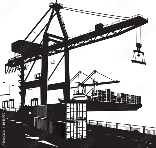 Shipping Port with Container Ship and Cranes Black and White Silhouette Keywords: shipping, port, harbor, container ship, cargo ship, crane, gantry crane, loading, unloading, logistics