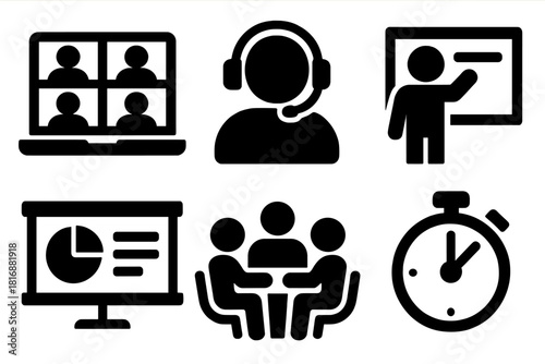Bold Virtual Meeting Icons. Virtual Meeting silhouette icon set. laptop with video tiles, headset user, whiteboard screen, presentation slide, team discussion, meeting timer.