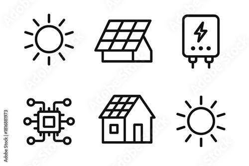 Solar Power Icons. Solar Innovation linear icon set: sun, rooftop panel, inverter, circuit board, home, rays