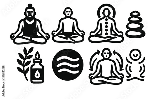 Spiritual Balance Icons. Spiritual Balance silhouette icon set: yoga instructor, meditating person, chakra alignment, zen rock stack, aromatherapy bottle, tranquility icon, energy