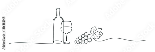 Continuous line drawing of wine bottle, glass, and grapes with leaf, symbolizing elegance, viticulture and drink Vector