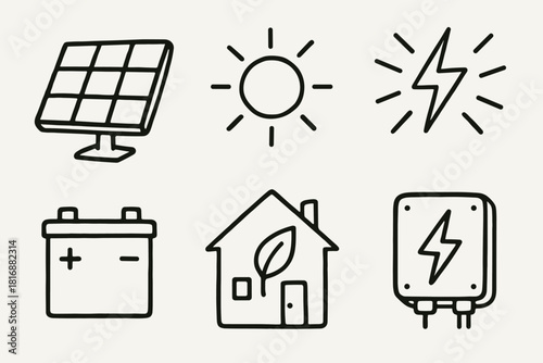 Solar Power Icons. Solar Power set of icons in doodle hand-drawn vector style. solar panel, sun icon, energy rays, battery storage, eco house, inverter box