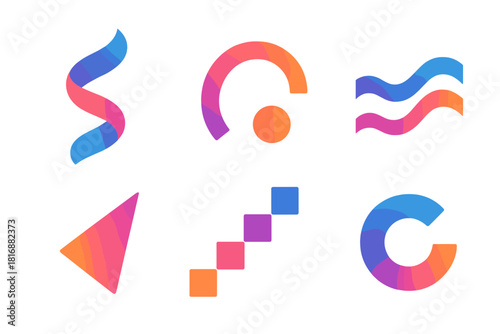 Colorful Motion Icons. Creative Motion Patterns flat icon set: twisting stream, bouncing arc, rolling segment, drifting wave, rotating shard, stepping pattern