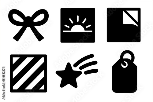 Brutalist Secret Icons. Secret Package silhouette icon set : tied bow, hidden glow, wrapping paper fold, candy stripe, star trail, cozy tag