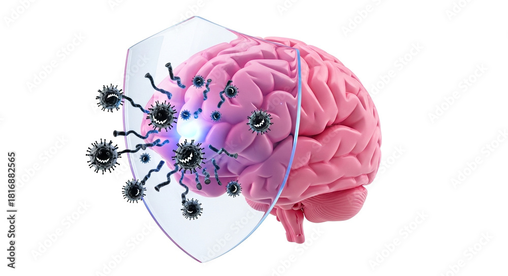 3D visualization of brain with protective shield blocking harmful cells ...