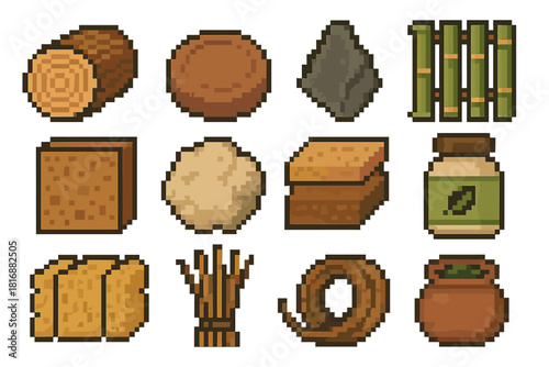 Eco Material Icon Set. Eco Material Applications pixel style icon set: timber block, clay form disc, slate shard, bamboo panel, cork texture tile, wool tuft, fiber composite layer