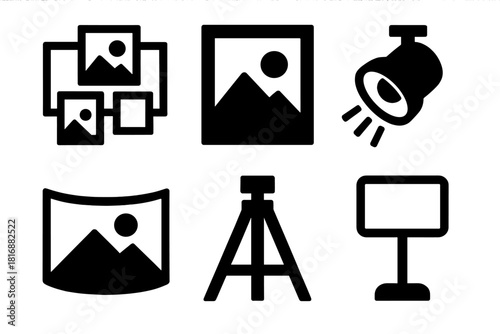 Brutalist Photography Icons. Photography Gallery silhouette icon set. photo wall, black and white frame, spotlight, panoramic image, camera tripod, exhibition label.