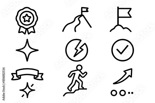 Icons of Success. Winning & Progress Pack linear icon set: success badge, upward path, goal flag, bright star, breakthrough icon, completed circle, triumph ribbon, confident step