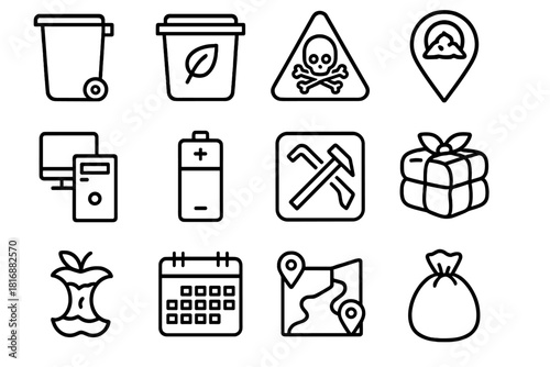 Waste Management Icons. Waste Management Set linear icon set: trash bin, compost bin, hazardous waste icon, landfill marker, e-waste device, battery disposal, scrap metal sign