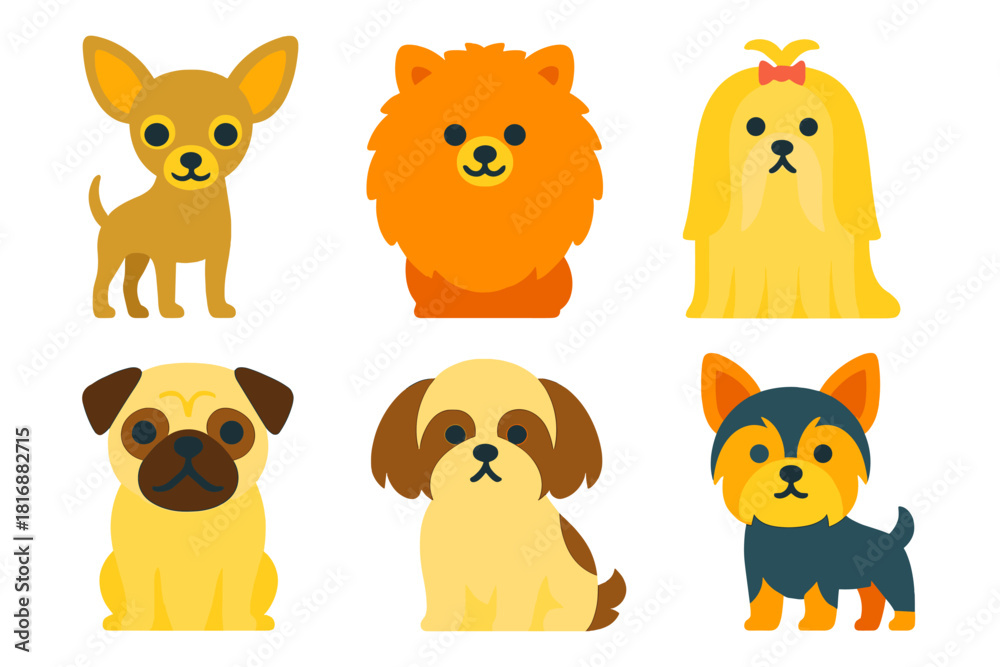 Fototapeta premium Colorful Toy Breed Icons. Toy Breeds flat icon set: chihuahua, pomeranian, maltese, yorkshire terrier, pug, shih tzu