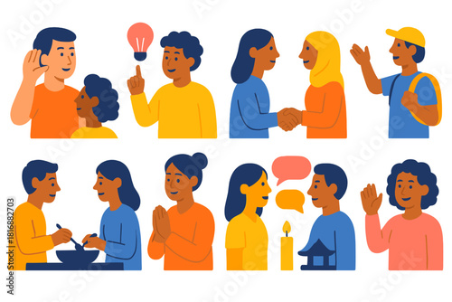Cultural Awareness Icons. Cultural awareness actions flat icon set: listening gesture, learning moment, respectful exchange, guided tour, shared meal icon, tradition observation