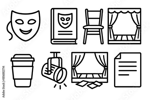 Theater Rehearsal Icons. Theater Rehearsal linear icon set. mask, script, chair, stage, coffee cup, light, curtain, paper.