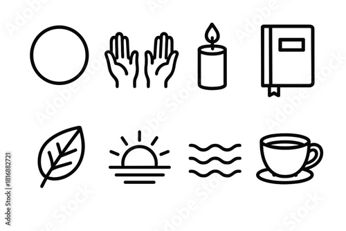 Coping Methods Icons. Coping Methods linear icon set. breathing circle, open hands, candle, journal, leaf, sunrise, calm wave, tea cup