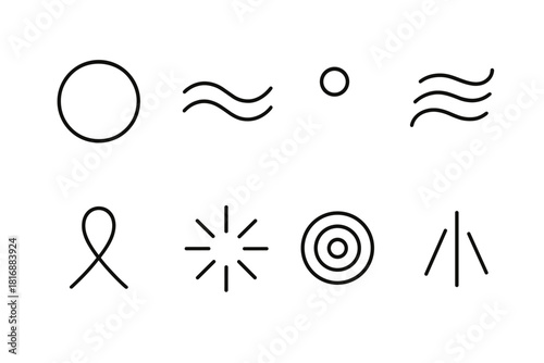 Peaceful Harmony Icons. Thought Ease Set linear icon set: peaceful orb, harmonic wave, reflective bead, soft breeze curve, steady pulse dot, mindful ribbon, calm light ray, ease
