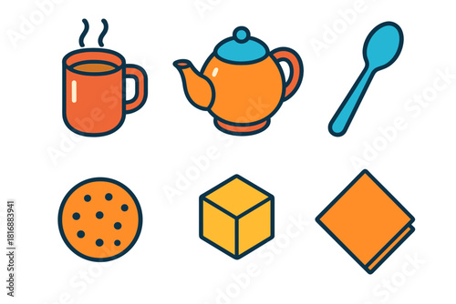 Hot Drink Essentials. Hot Drink Moments flat icons set. steaming mug, teapot, spoon, sugar cube, cookie, napkin