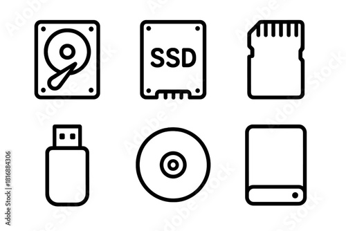 Digital Storage Icons. Digital Storage linear icon set. hard drive, SSD, memory card, USB flash drive, optical disc, external enclosure.