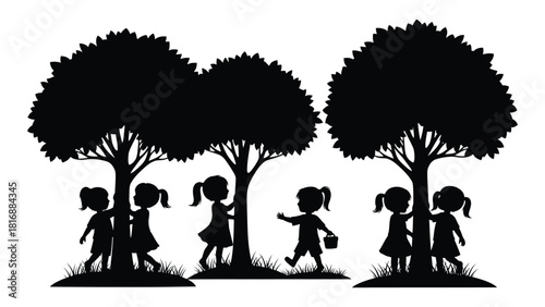 Children playing outdoors silhouette isolated on white background, Vector