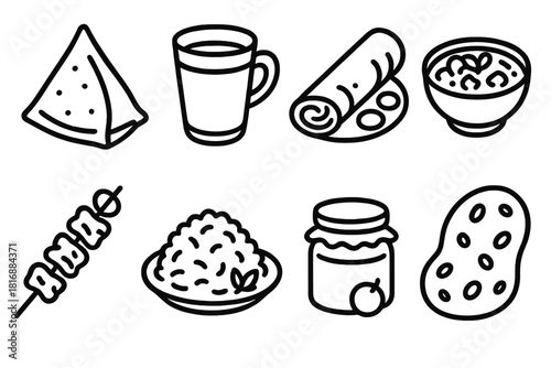 Indian Street Food Icons. Indian street food concept linear icon set: samosa, chai cup, dosa, curry bowl, kebab skewer, rice plate, chutney jar, naan bread
