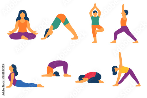 Yoga Pose Icons. Classic Asanas flat icon set: lotus pose, downward dog, tree pose, warrior pose, cobra pose, bridge pose, child’s pose, triangle pose