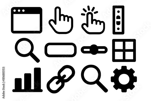 Web Experience Icons. Web User Experience silhouette icon set: web browser window, cursor hand, button click, scroll bar, search icon, form field, slider, layout grid, magnifying