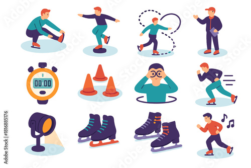 Isometric Skating Icons. Training Session flat icons set. athlete stretching, balance drill, figure eight path, skating coach, stopwatch, cones on ice, focus and form, powerful