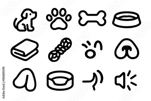 Puppy Essentials Icons. Puppy Essentials Pack silhouette icon set: tiny pup outline, soft paw, mini bone, milk bowl, cuddle blanket, toy rope, playful hop mark, curious nose