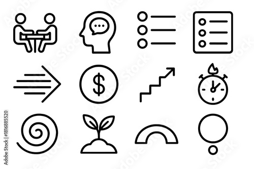Resolution Strategy Icons. Resolution Strategy Icons linear icon set: negotiation table, reflective note, option list, decision matrix, alignment arrow, value circle, progress
