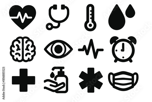 Health Icons Set. Health Alertness silhouette icon set. heartbeat, stethoscope, thermometer, drop of blood, brain, eye, pulse line, alarm clock, cross symbol, hand sanitizer