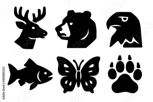 Brutalist Wildlife Icons. Park Wildlife silhouette icon set. deer, bear, eagle, fish, butterfly, paw print