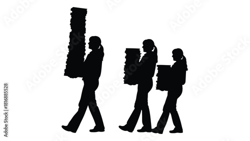 Silhouettes of women carrying stacks of papers isolated on white background, Vector