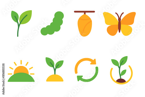 Nature's Life Cycle Icons. Nature Transformation flat icon set: budding leaf, caterpillar silhouette, chrysalis icon, butterfly form, seasonal arc, growth sprout, renewal cycle