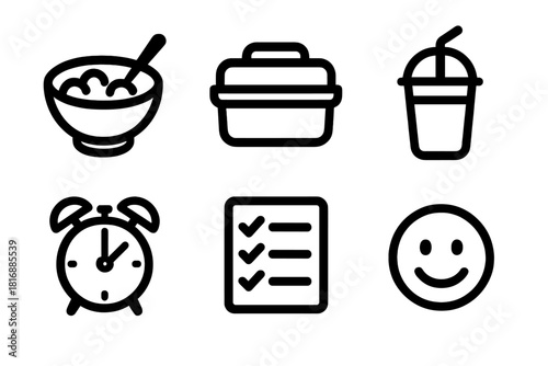 Daily Routine Icons. Daily Habits linear icon set: breakfast bowl, lunchbox, snack cup, clock, checklist, smile icon