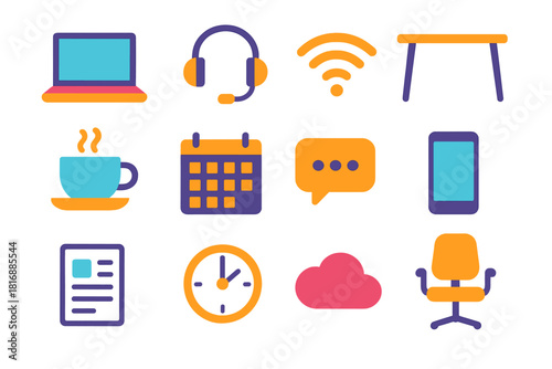 Modern Remote Work Icons. Remote work solutions flat icon set: laptop, headset, Wi-Fi symbol, desk, coffee cup, calendar, chat bubble, smartphone, document, clock, cloud icon