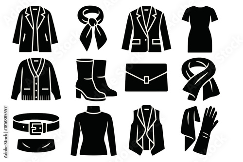 Chic Fashion Icons. Chic Layers silhouette icon set : long coat, silk scarf, structured blazer, midi dress, wool cardigan, suede boots, clutch bag, soft shawl, wide belt