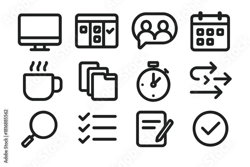 Workday Icons Ensemble. Workday Routine linear icon set: desktop icon, task board, meeting bubble, calendar reminder, coffee mug, organized folders, time tracker, workflow arrows