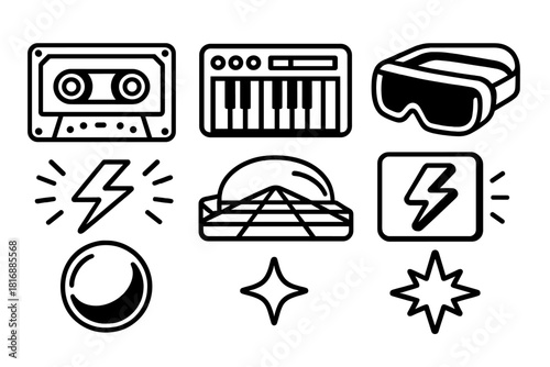 Retro Futuristic Icons. Retro Future linear icon set: cassette tape, synth keyboard, VR visor, neon sign, chrome sphere, grid lines, lightning bolt, pixel star