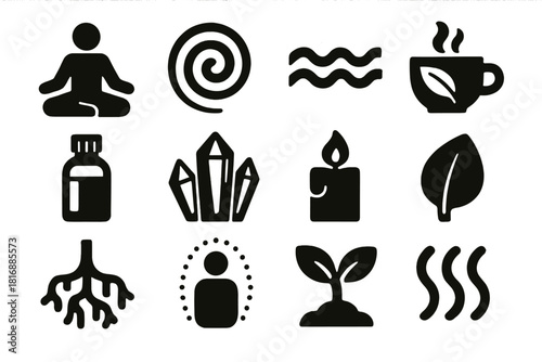 Holistic Icon Set. Holistic Healing Icons silhouette icon set: meditation pose, breathing swirl, energy wave, herbal tea cup, essential oil vial, crystal cluster, warm candle, soft