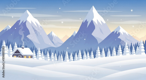 Cozy winter cabin nestled in snowy mountains with pine trees evokes peaceful retreat, perfect for holiday cards, travel ads, and winter themed designs