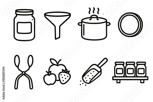 Canning Essentials Icons. Canning and Jarring linear icon set. mason jar, funnel, boiling pot, lid, tongs, fruits, sugar scoop, shelf