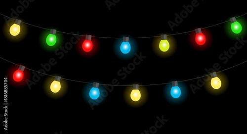 Festive string lights, colorful holiday celebration, vector illustration, party decorations, bright glowing bulbs for Christmas, New Year or birthday event