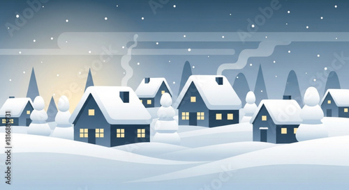 Cozy winter scene with snow-covered village houses and snowmen, perfect for holiday greetings and seasonal promotions, evokes warmth and festive cheer