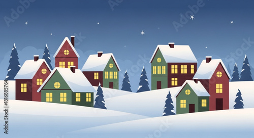 Charming snow covered village scene, evokes winter holidays, cozy homes and festive cheer, perfect for greeting cards and seasonal promotions